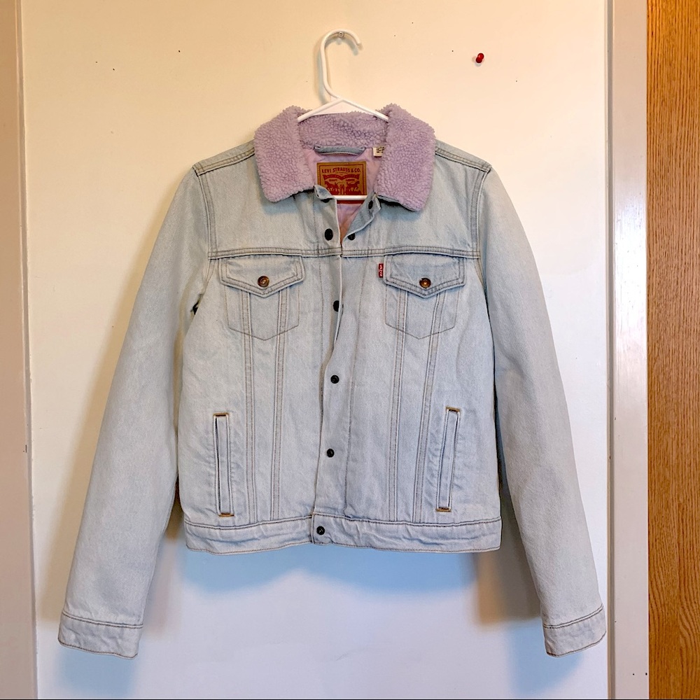 Levi’s jean jacket with purple fur collar